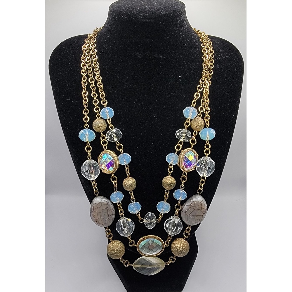 Gold Tone Multi Strand Statement Necklace Faux Stone Crystal Beaded Layered 17in